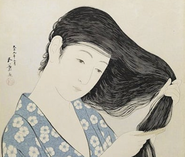 Japanese Woman Brushing Her Hair with Rice Water
